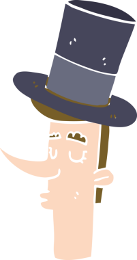 Bir insan tarafından çizilmiş silindir şapkalı düz renkli karikatür adam.