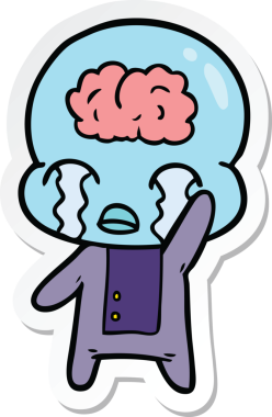 Bir çizgi film çıkartması. Bir insan tarafından çizilmiş büyük beyinli uzaylı ağlaması.