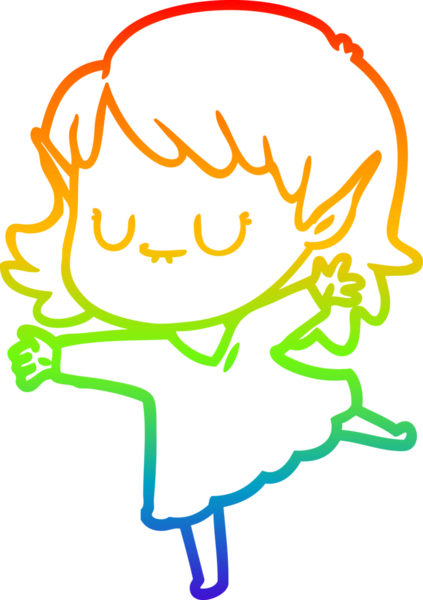 Gökkuşağı gradyan çizgisi mutlu çizgi film kızı bir insan tarafından çizilmiş elbise giyiyor.