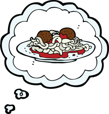 Bir insan tarafından çizilmiş düşünce baloncuklu spagetti ve köfte.