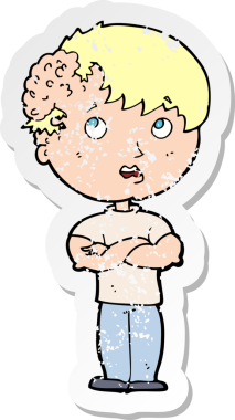 İnsan tarafından çizilmiş kafasında büyüyen bir çizgi film karakterinin gerilimli retro yapıştırması.