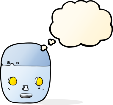 Bir insan tarafından çizilmiş düşünce baloncuklu robot kafası.