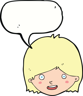 Bir insan tarafından çizilmiş konuşma balonlu mutlu kadın yüzü.