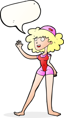 Bir insan tarafından çizilmiş konuşma balonlu bir yüzücü kadın.