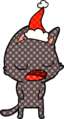Konuşan kedi eli bir insan tarafından çizilmiş Noel Baba şapkasının çizgi roman çizimi.