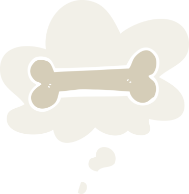 Düşünce baloncuğu olan karikatür kemiği insan tarafından çizilmiş.