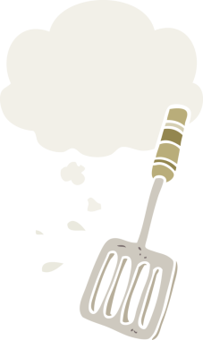 Düşünce baloncuklu çizgi film mutfak spatulası insan tarafından çizilmiş.