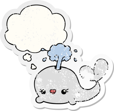 Düşünce baloncuğu olan sevimli çizgi film balinası bir insan tarafından çizilmiş yıpranmış bir çıkartma.