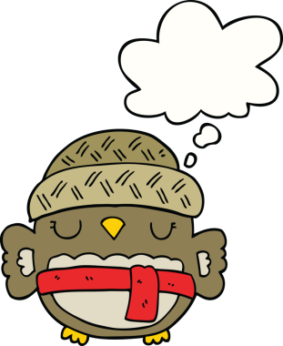 Bir insan tarafından çizilmiş düşünce baloncuklu şapkalı sevimli bir baykuş.