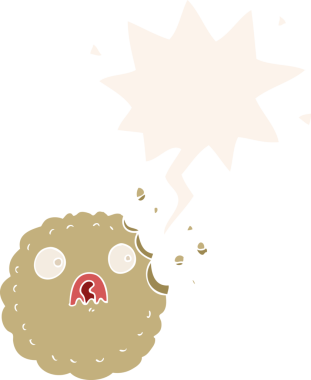 Bir insan tarafından çizilmiş, konuşma baloncuklu ürkek kurabiye çizgi filmi.