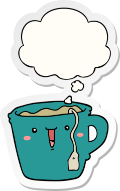 Düşünce baloncuklu şirin kahve fincanı bir insan tarafından çizilmiş çıkartma gibi.