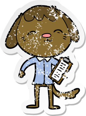 Bir insan tarafından çizilmiş mutlu bir ofis çalışanı köpeğinin sıkıntılı çıkartması.