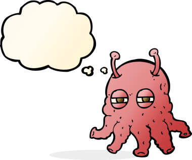 Bir insan tarafından çizilmiş düşünce baloncuklu uzaylı yüzü.