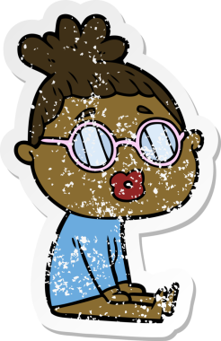 Bir insan tarafından çizilmiş gözlüklü bir kadının karikatür çıkartması.