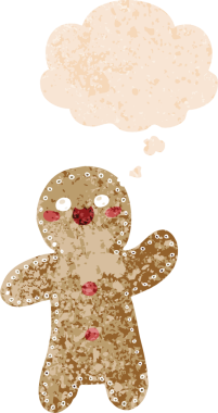 Karikatür zencefilli ekmek adam grunge içinde düşünce balonu sıkıntılı retro tarzı bir insan tarafından çizilmiş