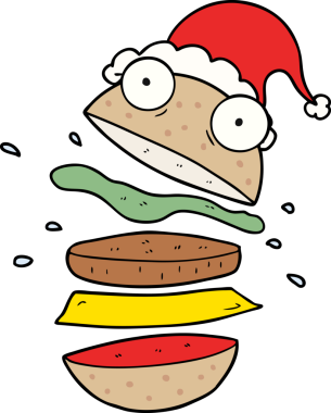 Bir insan tarafından çizilmiş Noel Baba şapkası takan inanılmaz bir hamburgerin el çizimi.