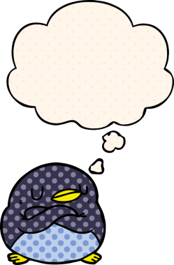 Çizgi roman tarzında bir insan tarafından çizilmiş düşünce baloncuğu olan penguen.