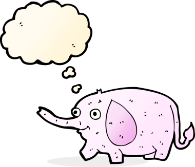 Bir insan tarafından çizilmiş düşünce baloncuklu komik küçük fil.