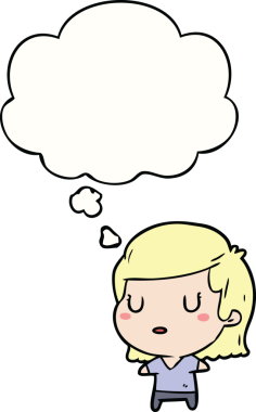 Bir insan tarafından çizilmiş düşünce baloncuğu olan çizgi film kadını.