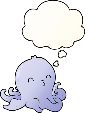 Düşünce baloncuklu çizgi film ahtapotu, bir insan tarafından çizilmiş düzgün eğimli stil.