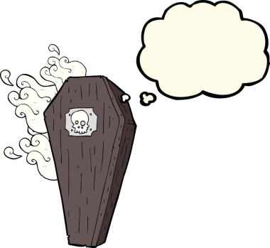 Bir insan tarafından çizilmiş düşünce baloncuklu ürkütücü karikatür tabut.