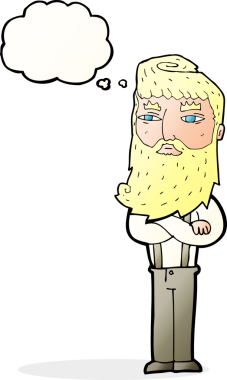 Bir insan tarafından çizilmiş sakallı, ciddi bir çizgi film karakteri.