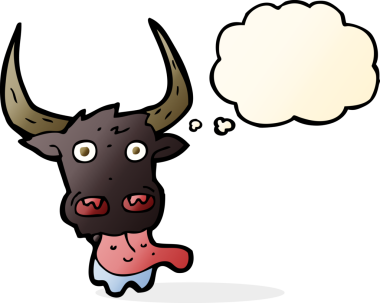 Bir insan tarafından çizilmiş düşünce balonlu inek suratı.