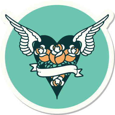 Geleneksel bir dövme stili. Uçan kalp. Çiçekler ve bir insan tarafından çizilmiş bayrak.