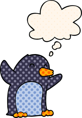 Çizgi roman tarzında bir insan tarafından çizilmiş düşünce baloncuğu ile penguenleri heyecanlandırdı.