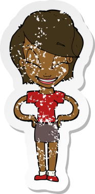 Bir insan tarafından çizilmiş kalçasında elleri olan bir karikatür kadının gerilmiş çıkartması.