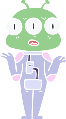 Düz renkli karikatür. Bir insan tarafından çizilmiş üç gözlü uzaylı omuz silkmesi.