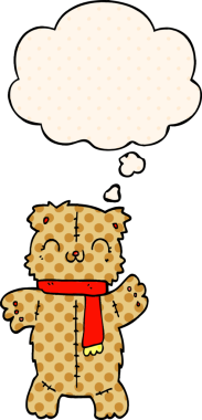 Çizgi roman tarzında bir insan tarafından çizilmiş düşünce balonlu oyuncak ayı.