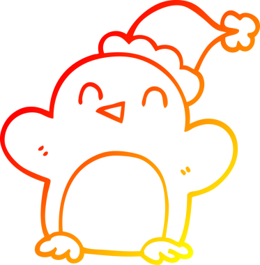 Bir insan tarafından çizilmiş Noel şapkası giyen bir penguen çizgi çizimi.