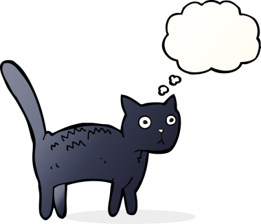 Bir insan tarafından çizilmiş düşünce balonlu korkmuş kedi çizgi filmi.