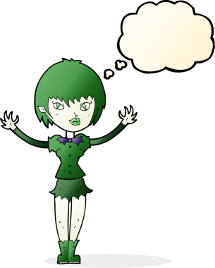 Bir insan tarafından çizilmiş düşünce balonlu vampir kız.