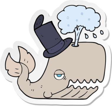 Bir insan tarafından çizilmiş su püskürten bir karikatür balinasının etiketi.