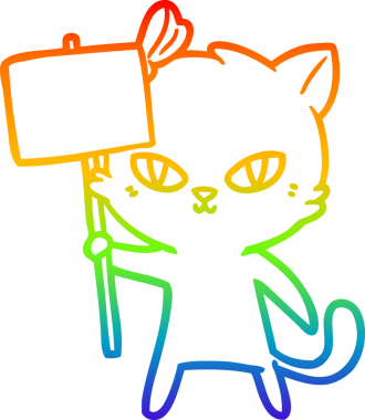 Gökkuşağı gradyan çizgisi üzerinde bir insan tarafından çizilmiş protesto işareti olan şirin bir çizgi film kedisi.