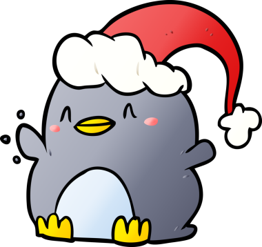 Bir insan tarafından çizilmiş noel şapkası giyen penguen çizgi filmi.