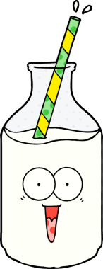 Bir insan tarafından çizilmiş mutlu süt şişesi.