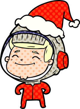 Bir insan tarafından çizilmiş Noel Baba şapkası giyen bir astronotun çizdiği mutlu el çizimi çizgi roman tarzı.