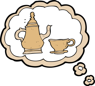 Düşünce baloncuklu kahve demliği ve bir insan tarafından çizilmiş bir fincan.