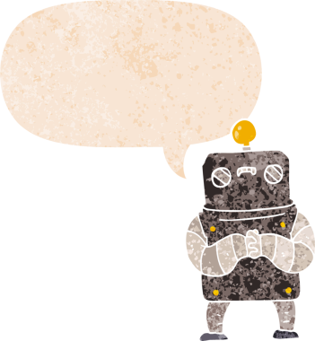 grunge 'da konuşma baloncuğu olan karikatür robotu bir insan tarafından çizilmiş gerilimli retro stil