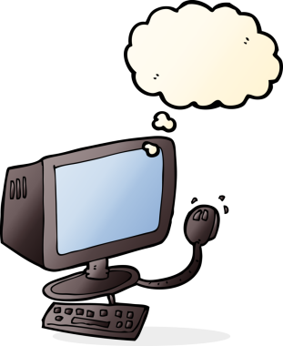 Bir insan tarafından çizilmiş düşünce baloncuklu çizgi film bilgisayarı.