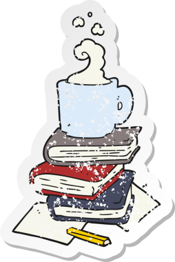 Çizgi roman çıkartması ve bir insan tarafından çizilmiş kahve fincanı.