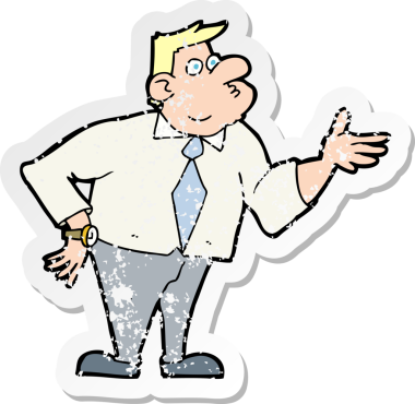 Bir karikatür işadamının insan tarafından çizilmiş bir soru sormasının sıkıntılı retro çıkartması.