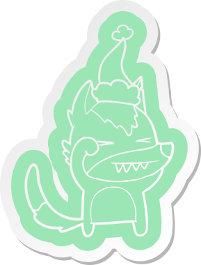 Yorgun kurt çizgi film çıkartması Noel Baba şapkası giyen bir insan tarafından çizilmiş.