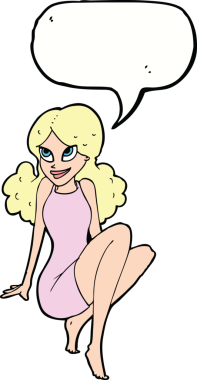 bir insan tarafından çizilmiş konuşma balonuyla poz veren çekici bir kadın.