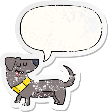 Konuşma baloncuğu olan çizgi film köpeği bir insan tarafından çizilmiş sıkıntılı eski bir çıkartma