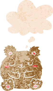 Bir insan tarafından çizilmiş grunge sıkıntılı retro tarzı düşünce baloncuğu ile sevimli çizgi film ayısı