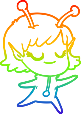 Bir insan tarafından çizilmiş gülümseyen uzaylı kız çizgi filmi.